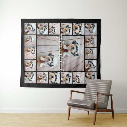 20 FotoCollage Optionaler Text — schwarzer Hinterg Wandteppich (Beispiel (Horizontal))