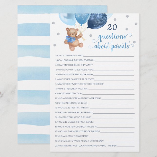 20 Fragen zu den Eltern Baby Shower Teddy Bear (Vorne/Hinten)