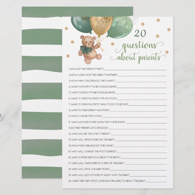 20 Fragen zu den Eltern Baby Shower Teddy Bear (Vorne/Hinten)