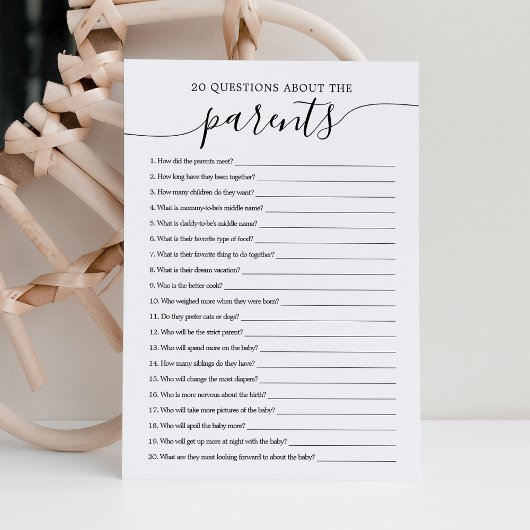 20 Fragen zu Eltern Baby Shower Game Card Einladung