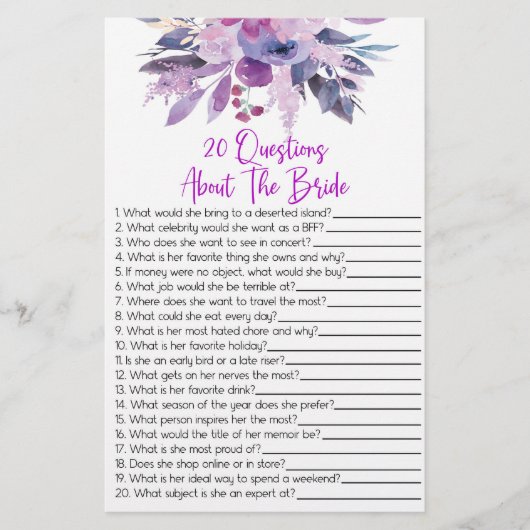 20 Fragen zum Brautparty von Bride Briefpapier (Vorderseite)