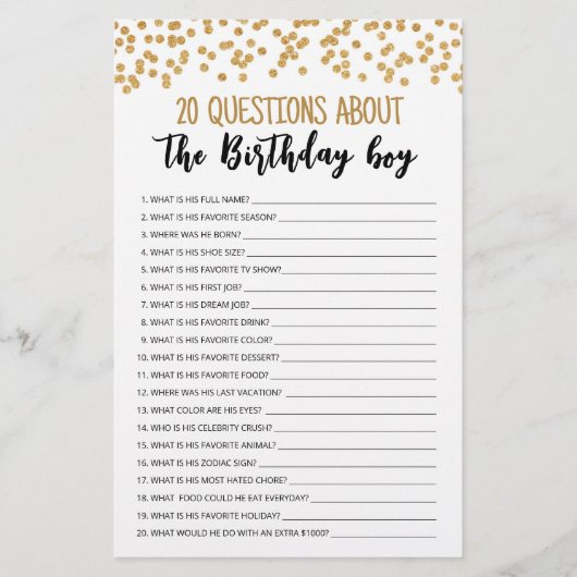 20 Fragen zum Geburtstagsspiel (Vorderseite)