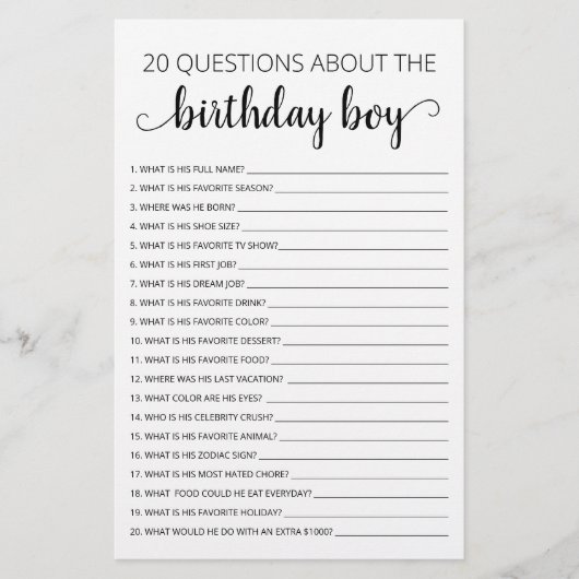 20 Fragen zum Geburtstagsspiel Boy Birthday (Vorderseite)