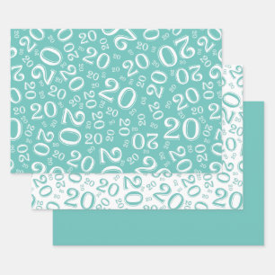 20. Geburtstag Aquamarin- & Weißes Zahlenmuster 2 Geschenkpapier Set