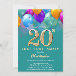 20. Geburtstag Aquamarine und goldene Ballons Einladung