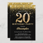 20. Geburtstag Black and Gold Glitzer Confetti Einladung (Vorne/Hinten)