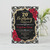 20. Geburtstag - Black Damask Gold Rote Rosen Einladung (Stehend Vorderseite)