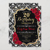 20. Geburtstag - Black Damask Gold Rote Rosen Einladung (Vorne/Hinten)