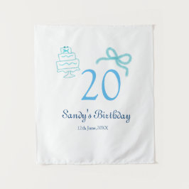 20. Geburtstag blaue Schleife Kuchen Name Datum Pa Wandteppich