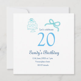 20. Geburtstag blaues Schleifen-Torten-Name Datum  Einladung