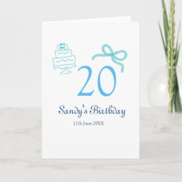 20. Geburtstag blaues Schleifen-Torten-Name Datum  Karte