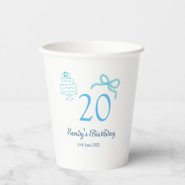 20. Geburtstag blaues Schleifen-Torten-Name Datum  Pappbecher