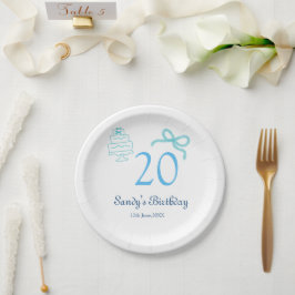20. Geburtstag blaues Schleifen-Torten-Name Datum  Pappteller