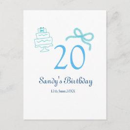 20. Geburtstag blaues Schleifen-Torten-Name Datum  Postkarte