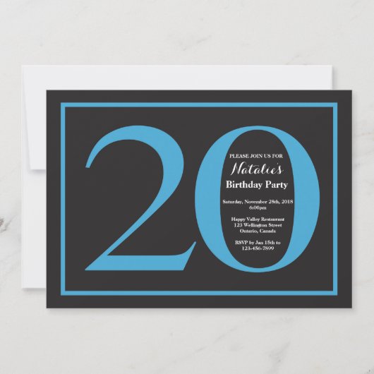 20. Geburtstag Blue and Black Chalkboard Einladung (Vorderseite)