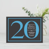 20. Geburtstag Blue and Black Chalkboard Einladung (Stehend Vorderseite)