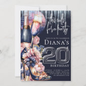 20. Geburtstag Blue Pink Heel Champagne Einladung (Vorderseite)