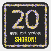 20. Geburtstag: Blumennummer, Individuelle Name, B Quadratischer Aufkleber (Vorderseite)