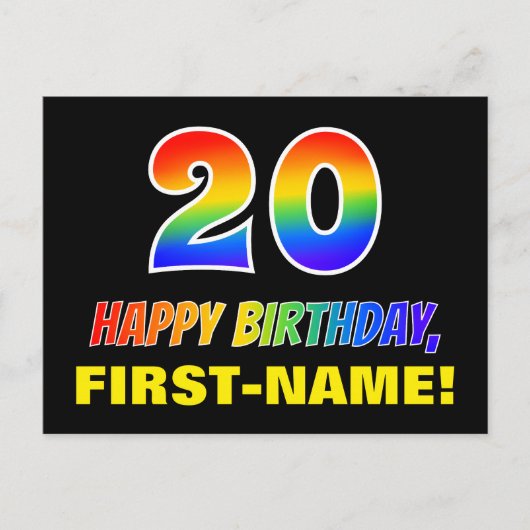 20. Geburtstag: Bold, Fun, Simple, Rainbow 20 Postkarte (Vorderseite)