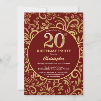 20. Geburtstag Burgund Rot und Gold Floral Muster Einladung