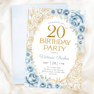 20. Geburtstag Dusty Blue Gold Floral Feminine Einladung