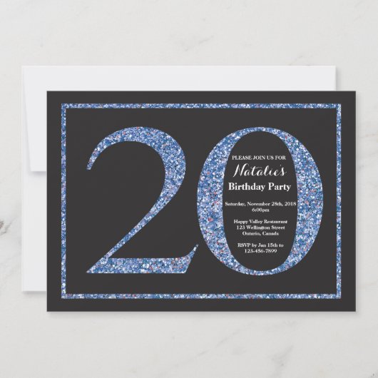 20. Geburtstag Einladung Blue Glitzer Chalkboard (Vorderseite)