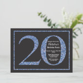 20. Geburtstag Einladung Blue Glitzer Chalkboard (Stehend Vorderseite)