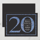 20. Geburtstag Einladung Blue Glitzer Chalkboard (Vorne/Hinten)