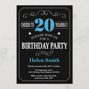 20. Geburtstag Einladung Blue und Black Chalkboard