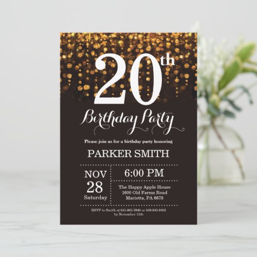 20. Geburtstag Einladung Gold Glitzer (Stehend Vorderseite)