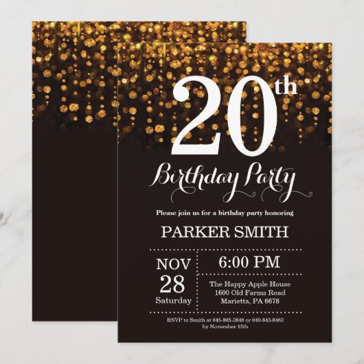 20. Geburtstag Einladung Gold Glitzer (Vorne/Hinten)