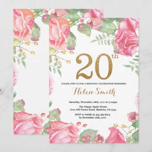 20. Geburtstag Einladung Gold Glitzer (Vorne/Hinten)