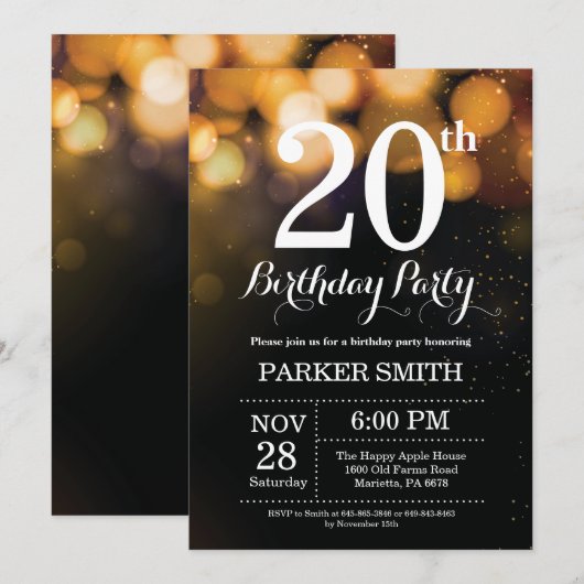 20. Geburtstag Einladung Gold Glitzer (Vorne/Hinten)