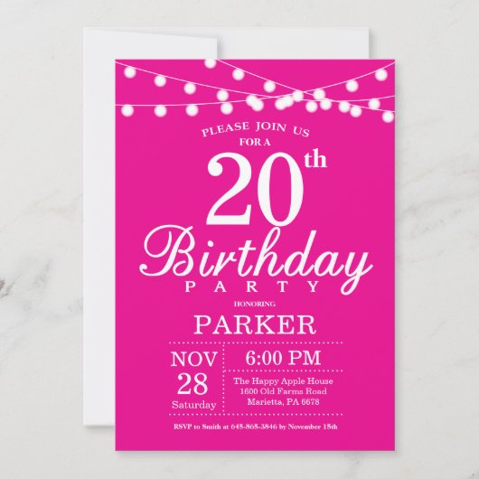 20. Geburtstag Einladung Hot Pink (Vorderseite)