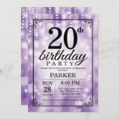 20. Geburtstag Einladung Lila Glitzer (Vorne/Hinten)