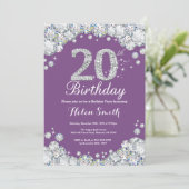 20. Geburtstag Einladung Lila und Silver Diamond (Stehend Vorderseite)
