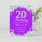 20. Geburtstag Einladung Lila und Silver Diamond (Stehend Vorderseite)