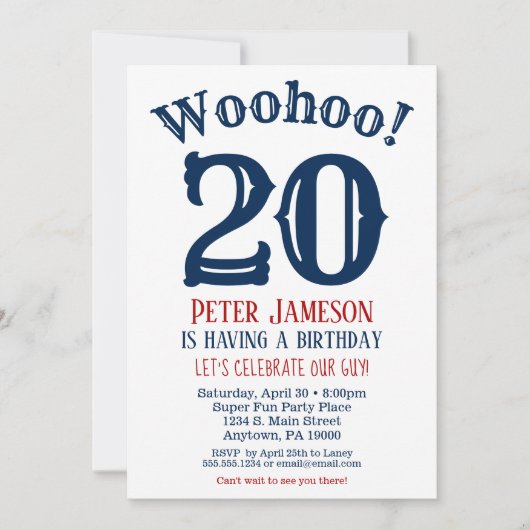 20. Geburtstag Einladung Mens Navy Blue (Vorderseite)