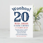 20. Geburtstag Einladung Mens Navy Blue (Stehend Vorderseite)