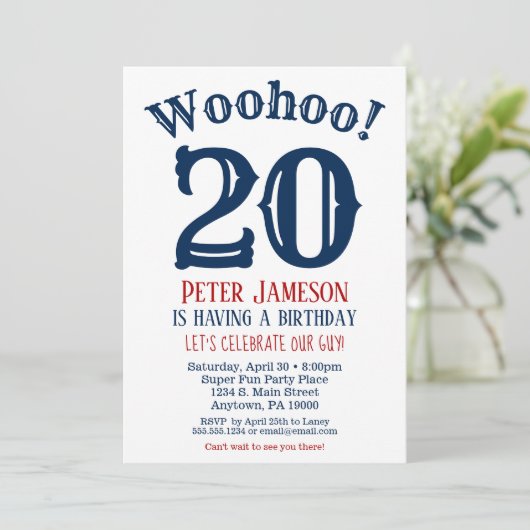 20. Geburtstag Einladung Mens Navy Blue (Stehend Vorderseite)