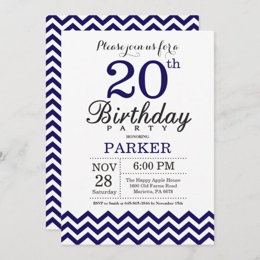 20. Geburtstag Einladung Navy Blue Zickzack (Vorne/Hinten)