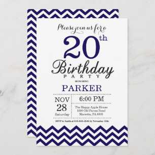 20. Geburtstag Einladung Navy Blue Zickzack