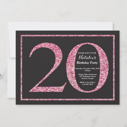 20. Geburtstag Einladung Pink Glitzer Chalkboard (Vorderseite)