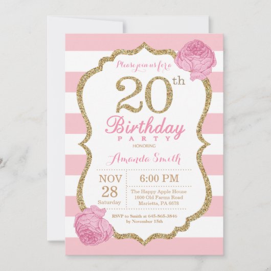 20. Geburtstag Einladung Pink und Gold Floral (Vorderseite)