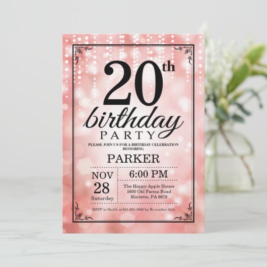20. Geburtstag Einladung Rosa Glitzer (Stehend Vorderseite)