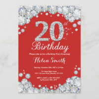 20. Geburtstag Einladung Rot und Silver Diamond