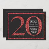 20. Geburtstag Einladung Roter Glitzer Chalkboard (Vorne/Hinten)