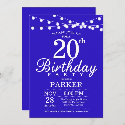 20. Geburtstag Einladung Royal Blue (Vorne/Hinten)