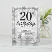 20. Geburtstag Einladung Silberner Glitzer (Stehend Vorderseite)