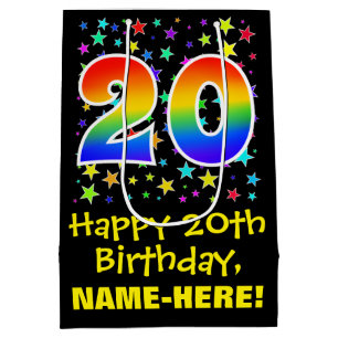 20. Geburtstag: Farbenfrohe Sterne Muster & Regenb Mittlere Geschenktüte